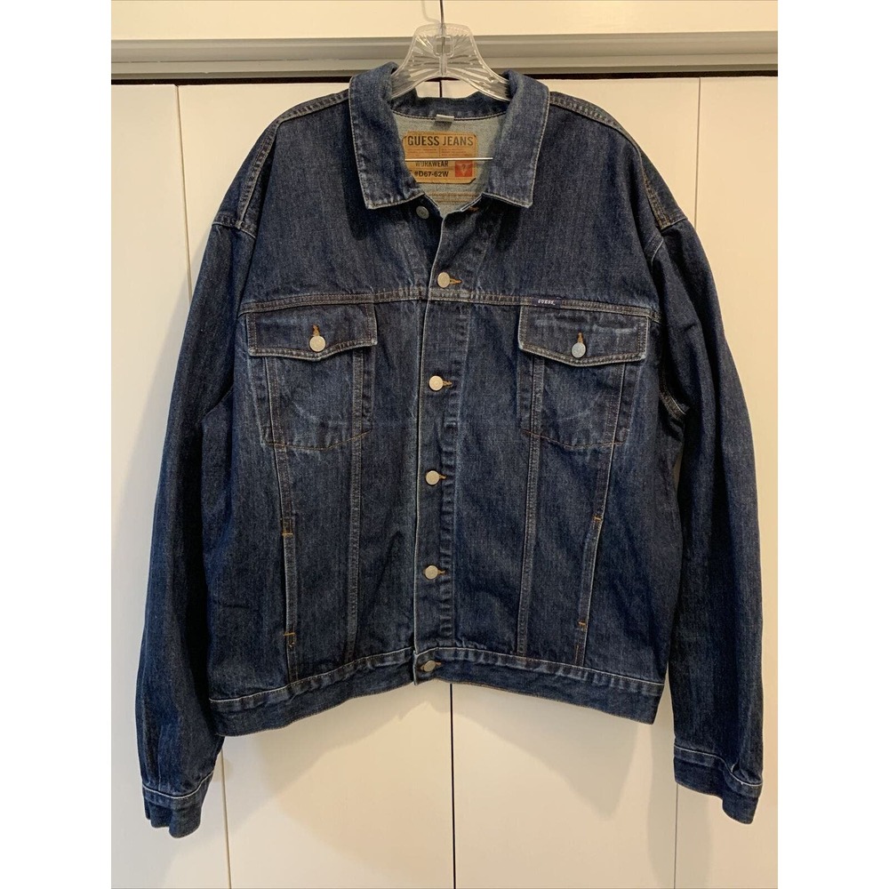 VTG Guess Mens Denim Jean‎ Jacket Workwear DARK BLUE Size XXL D67-62W ~ HEAVY!